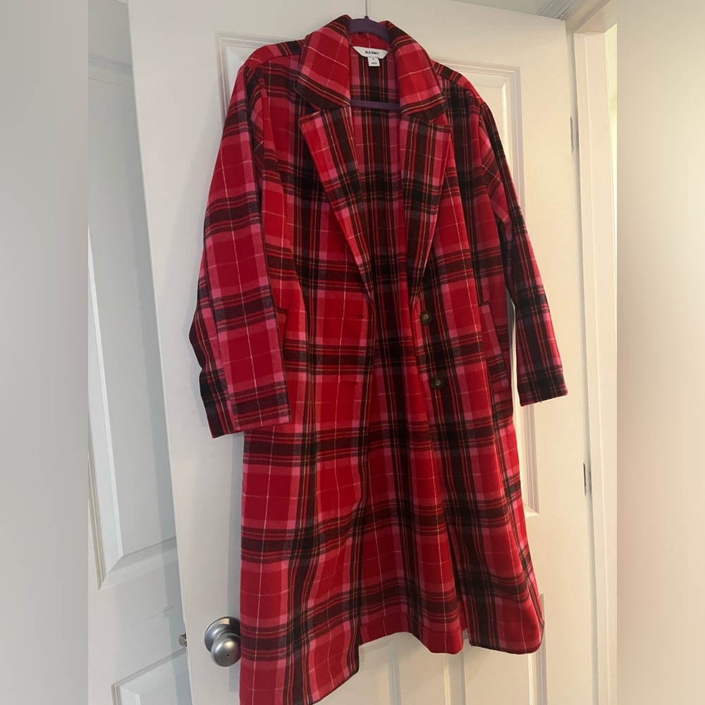Old Navy plaid long coat! Worn once, perfect condition.